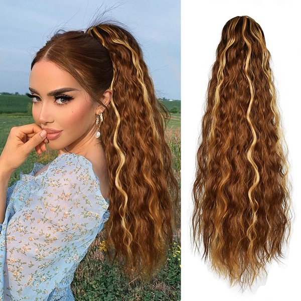 quesdom Claw Clip Wavy Ponytail Extension, 22 Inch Long Curly Wavy Ponytails Heat Resistant Synthetic Hairpiece, Natural Soft Jaw Claw Pony Tails for Black Women (Brown Mixed Blonde)