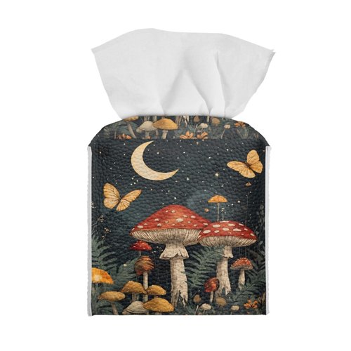 Eheartsgir Butterfly Mushroom Pattern Square Tissue Box Cover Facial Napkin Holder Easy to Use Dust-Proof Tissue Case for Living Room Office Bathroom