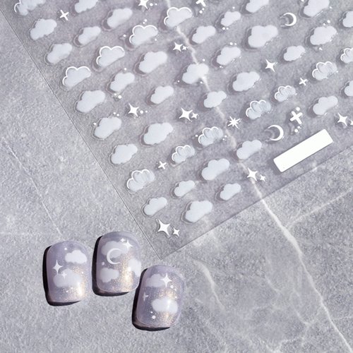 Night Sky Nail Art Sticker Decals 3D White Moon Star Cloud Pattern Nail Tips Semi Transparent Design Fashion Charm DIY Toenails Nail Tattoos for Women Girls Manicure Nail Decoration (2 Sheets)