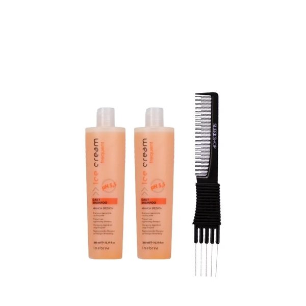 kuss Inebrya Ice Cream Frequent Daily Shampoo (10.14 oz) with Teasing Comb Pack of 2