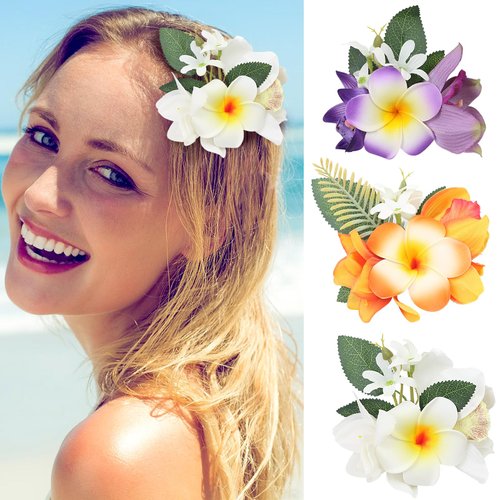LACGO 3 PCS Hawaiian Flower Hair Clips - Plumeria Clips for Women Hibiscus Beach Party Girls Accessories Artificial Foam Orchid Kids Barrettes Wedding Bridal Tropical Luau Party(Purple,Orange,White)