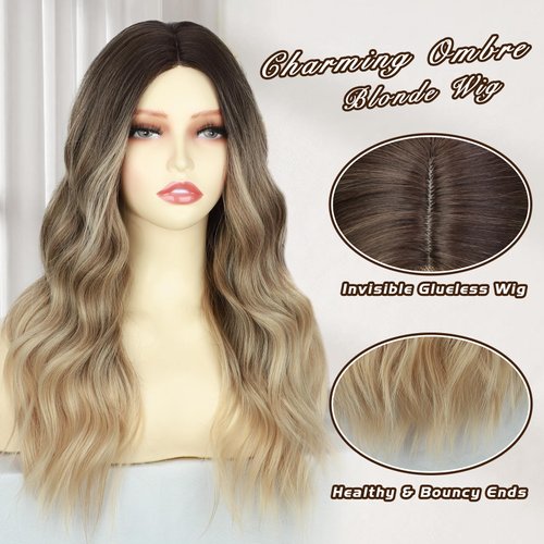 Lativ Blonde Wigs for Women,Long Dark Blond Wigs 20 Inches Medium Length Ombre Wavy Wig with Dark Roots Synthetic Heat Resistant Hair for Daily Party Use