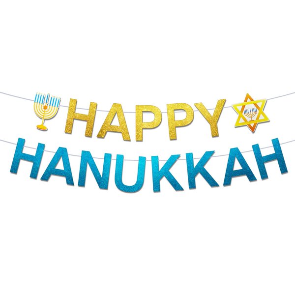 LanttAotte Chanukah Decorations Happy Hanukkah Banner Pre-assembled Blue Hanging Streamer Festival Holiday Theme Party Decorations for Mantle Fireplace