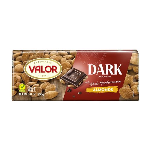 Valor. Dark Chocolate with whole Mediterranean Almonds. 250g (8.75oz). Pack of 2.