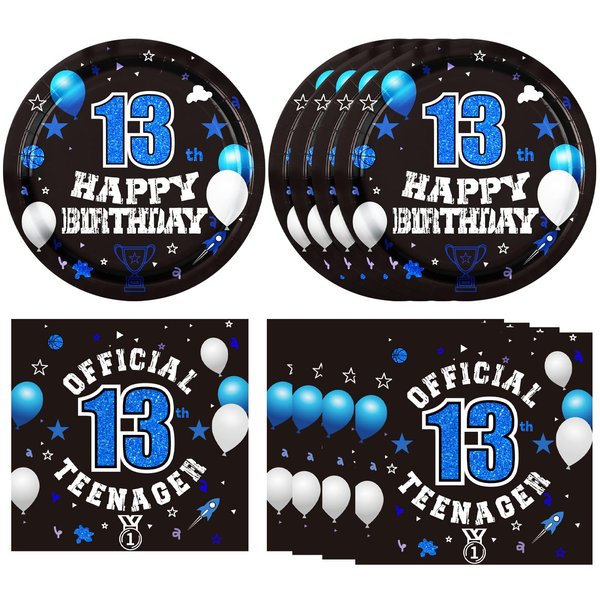 40PCS 13th Birthday Decorations for Boys 13th Birthday Plates and Napkins Set Disposable Blue 13th Birthday Tableware 13th Birthday Party Supplies for Kids Teenager Favors Serves 20