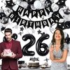 Miidenks 26th Birthday Decorations for Men Women, Black White and Silver Happy 26 Birthday Party Decorations Set with Birthday Balloons 26 Birthday Banner Star Black Cake Topper for Him Her