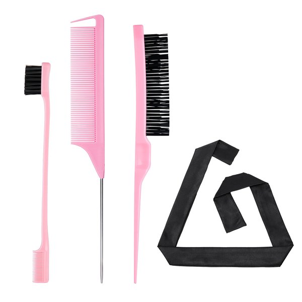 4 Pieces Hair Styling Comb Set Pink - Edges Control Brush, Bristle Teasing Brush, Rat Tail Comb, Wrap Wig Grip Band - Edge Back Combing Brushing Slicking - Women Girls Stylist Baby Beauty Accessories
