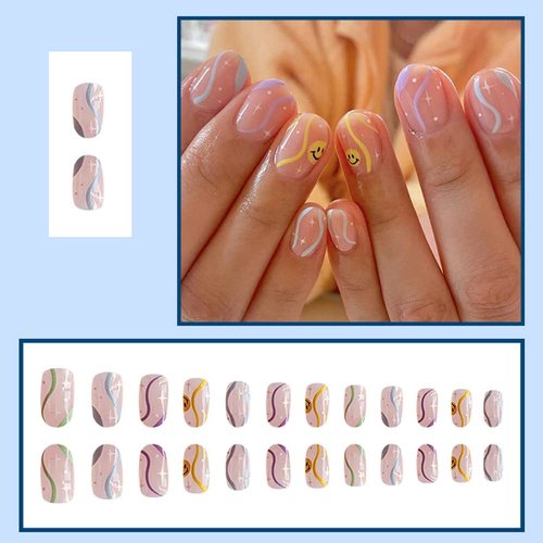 24 Pcs French Tip Press on Nails short AZTSYT Colored Lines Fake Nails Oval stick on Nail Short Glue on Nails Acrylic Cute Smiley Face Design False Nails for Women Or Girl Manicure Ornament