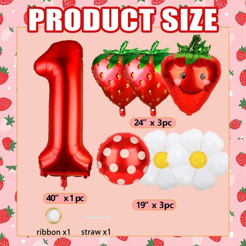 NANAGALI 7Pcs Berry First Party Decorations, 40" Red One Balloon for First Birthday Decorations Sweet One Strawberry 1st Berry First Birthday Decor Foil Helium Balloons for Girls