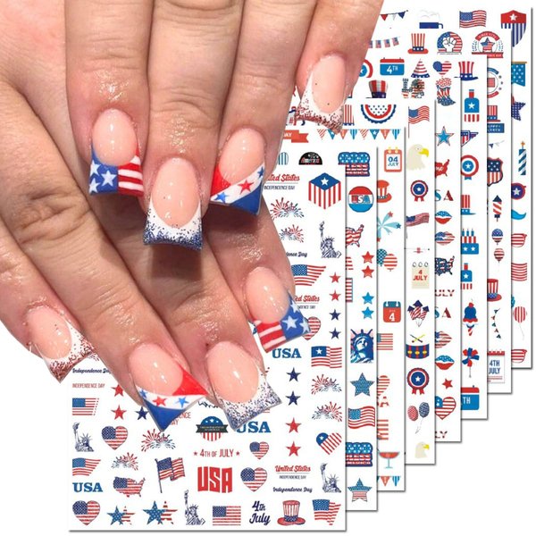 4th of July Nail Sticker - 8PCS/Set Independence Day Nail Design 3D Self-Adhesive Nail Decals Flag USA National Day Nail Stickers DIY Manicure Decoration American Independence Day Element Accessories
