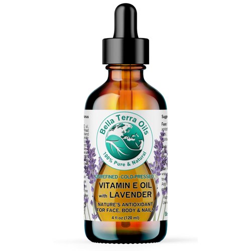 Bella Terra Oils - Lavender Infused Organic Vitamin E Oil 4 oz - D-Alpha Tocopherol Powerhouse, Extracted from Organic Wheat Germ, Lavishly Nourishing Organic Vitamin E for Luxurious Skin