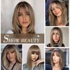 BLONDE UNICORN 16 Inch Bob Wig with Bangs Human Hair,Brown Highlight Bob Wigs for White Women,100% Human Hair Shoulder Length Wigs for Daily Use 180 Density