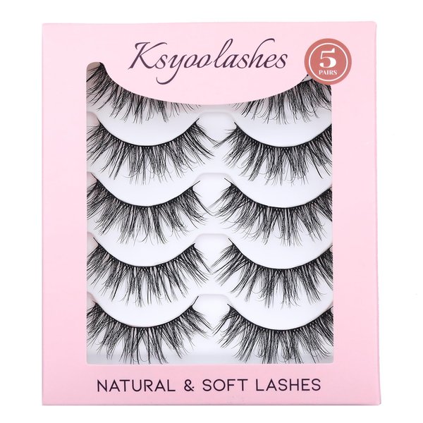 KSYOO 18mm Mink Lashes Fluffy Wispy (V05 Thin Band, 5 Pair (Pack of 1))