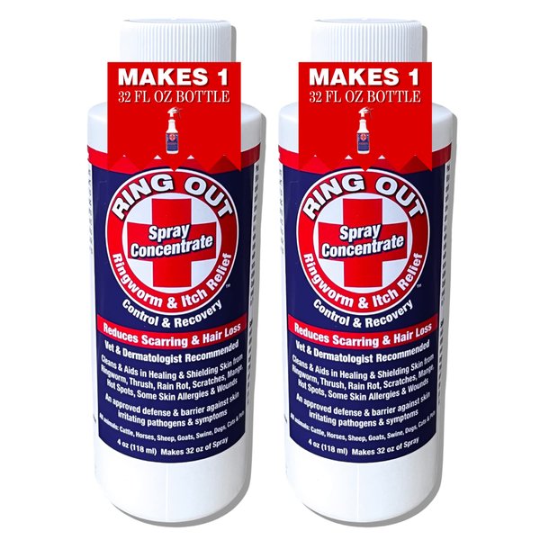 Ring Out - Spray for Skin Irritants on Animals. For Cats, Dog, Sheep, Goats, Cattle , Horses, All Pets & Livestock 4 oz. Make 32 oz (2 pack)