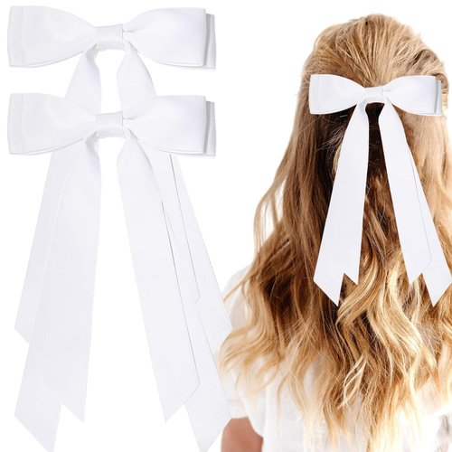 2PCS Silky Satin Hair Bows Ribbon Hair Clips, Fall Alligator Hair Pins, Ponytail Holder Accessories Sides Metal Hair Bow Barrettes Hair Accessories for Women Girls Kids (White)
