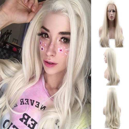 Sylvia 60# Platinum Blonde Wave Hair 24" Long Natural Wave Realistic Hairline Synthetic Lace Front Wigs Soft Glueless Half Hand Tied Wig 180% Density Heat Resistant Hair Replacement for Woman