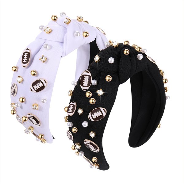 GLBCC Football Headband Pearl Rhinestone Jeweled Knotted Headbands Wide Knot Game Day Handband Gameday Outfit for Women