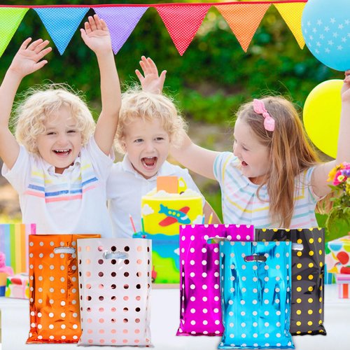 HAPMARS 50pc Party Favor Bags for Kids, Goodie Candy Bags with Handles for birthday party, Colorful birthday party bags for Kids Baby Girls & Boys (Dots)