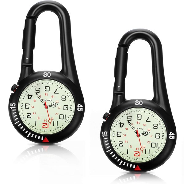 Hicarer 2 Pieces Clip on Quartz Watch Backpack Fob Belt Watch Glow in The Dark Unisex Pocket Watch with White Dial for Doctors Nurses Outdoor Activities (Black)