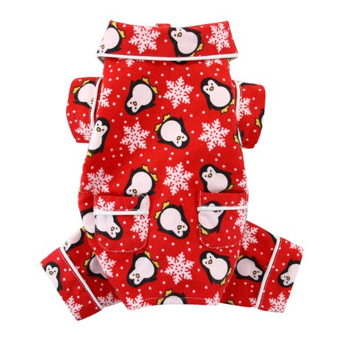 Klippo Dog/Puppy Penguins & Snowflake Flannel Pajamas/Bodysuit/Loungewear/Coverall/Jumper/Romper - Red (SMALL)