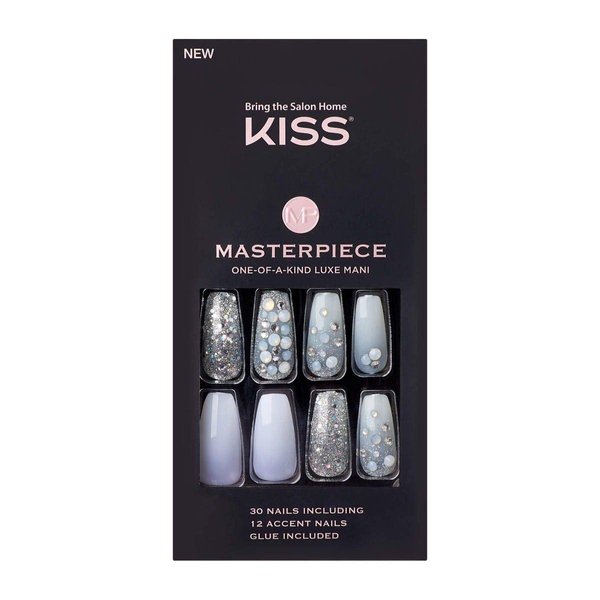 KISS Masterpiece One-Of-A-Kind Luxe Mani, Long Length, Premium Acrylic Fake Nails, Style “No.1”, with Pink Gel Nail Glue, Manicure Stick, Mini File, & 30 False Nails Including 12 Accent Nails
