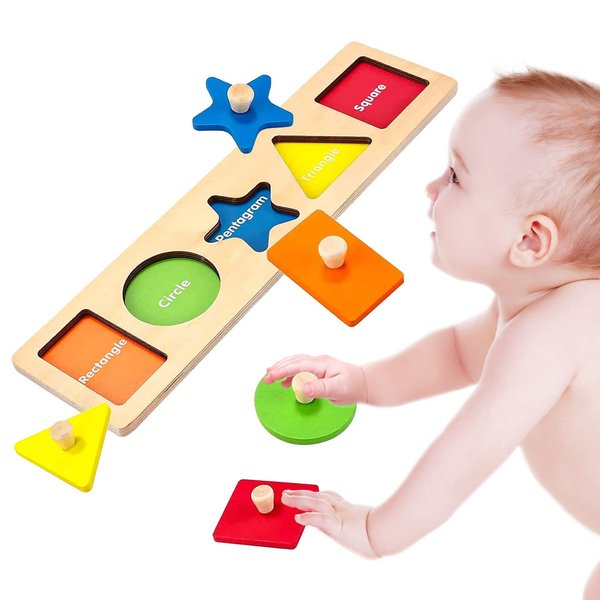 Montessori Toy Preschool Wooden Puzzles Montessori Geometric Shape Puzzle Baby Puzzle Colorful Wooden Shape Peg Puzzles for 1 2 3 Year Old Girls Boys Gift with Board Knob (5 Pcs)