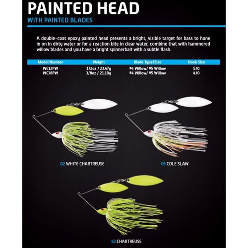 War Eagle Custom Lures Painted Head Spinnerbait Fishing Lure, White Chartreuse, Painted Double Willow (1/2 oz)