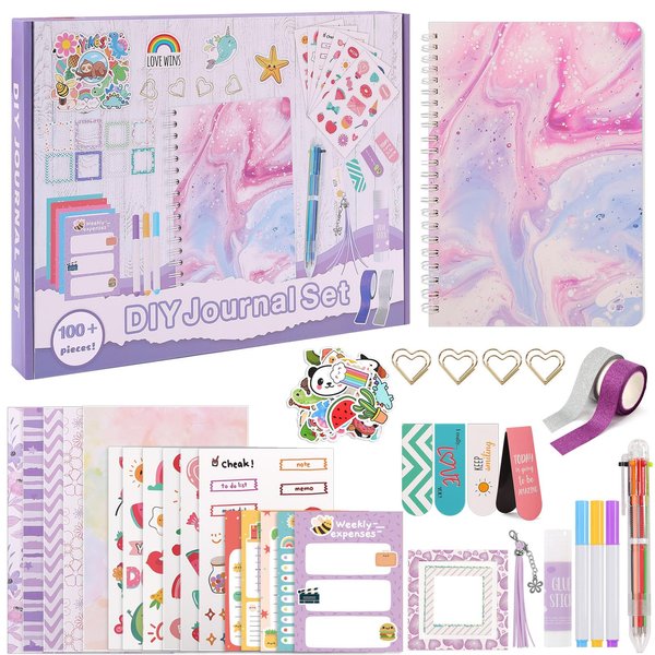 SKYDUE DIY Journal Kit for Girls, Creative Arts and Crafts Set, Cute Diary Scrapbook Supplies Perfect Christmas & Birthday Gifts for 8 9 10 11 12 13 14 Year Old and Up Teen Purple