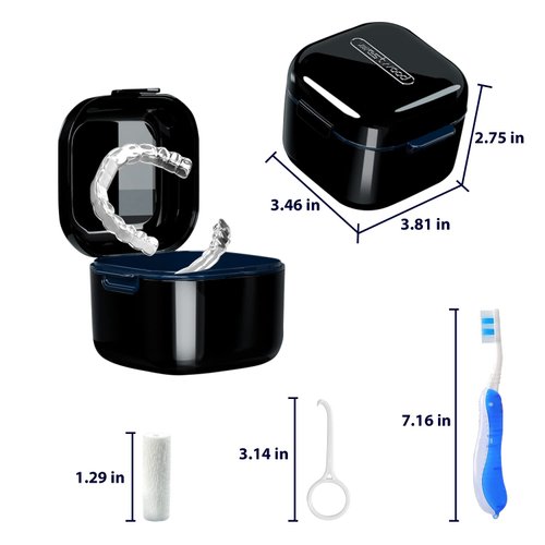 Denture Bath Box Cup，Portable Denture Case with Strainer Basket，False Teeth Storage Box Holder，Retainer case Cleaning，Soak Cup，With braces chewable tablets and Extractor toothbrus（black）…