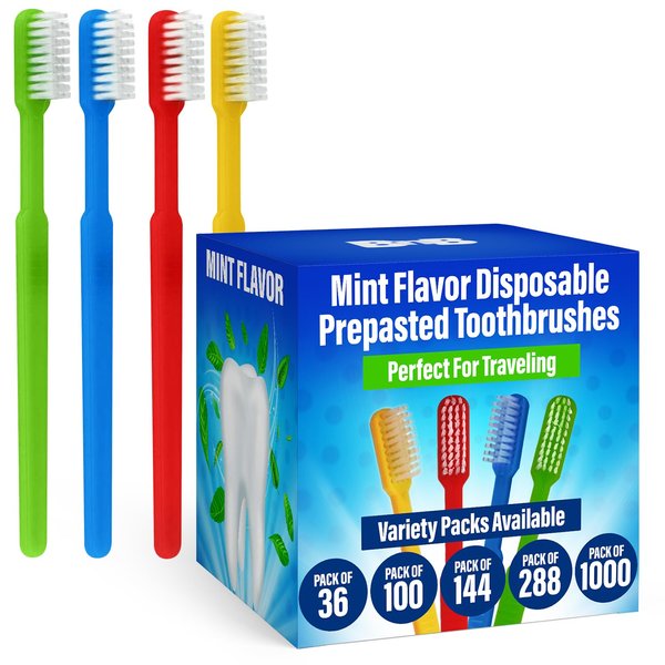 100 Pack Prepasted Disposable Toothbrushes | Pre-Pasted Soft Bristle Tooth Brush Set for Dental Care & Oral Hygiene | Individually Wrapped Toothbrush Pack (100 Pack)