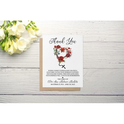 Personalized Funeral Acknowledgement Cards - Heart Rosary Red Floral Cross - Sympathy Thank You Bereavement Flat Notecards - Eco Friendly