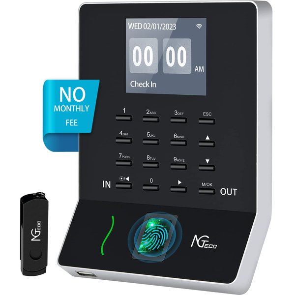 NGTeco Fingerprint Time Clock, W2 Biometric Employee Attendance Machine for Small Businesses and Offices, Fingerprint Scanner, 2.4GHz LAN WiFi Connectivity, iOS/Android App (No Monthly Fee)