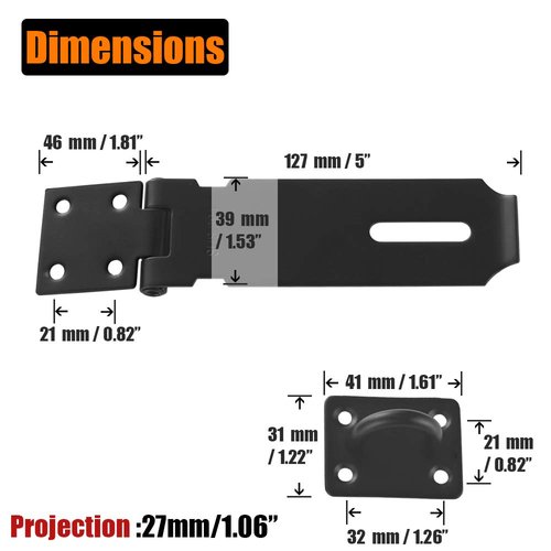 JQK Door Hasp Latch Lock, 5 Inch 304 Stainless Steel Safety Packlock Clasp Thickness 1.9 mm, Matte Black 2 Pack, DL130-PB-P2