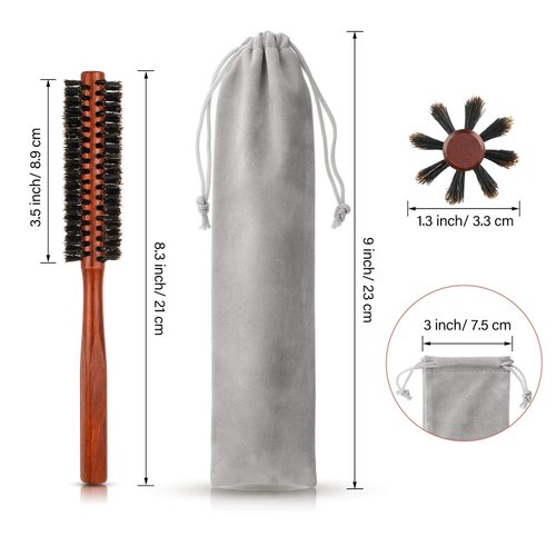 2 Pieces Small Round Hair Brush Mini Bristle Beard Brush for Men Women with 2 Piece Drawstring Bags for Thin or Short Hair