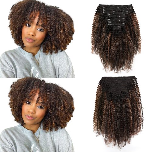 ABH AMAZINGBEAUTY HAIR Afro Curly Clip in Hair Extensions Real Human Hair 4A 4B Curly Clip ins for Black Women 120g 7 Pieces 17 Clips, Ombre Highlight 1B to Auburn 14 Inch