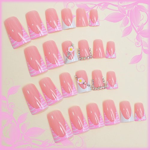 Duck Press on Nails with White French Tips Designs, Glossy Rhinestones Fake Nails Duck Full Cover Acrylic Nails Cute 3D Flower Duck Feet Short False Nails X Gel Glue Stick on Nails for Women Girls