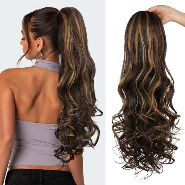Ponytail Extension, Behufun Long Wavy Drawstring Ponytail 26" Clip in Hair Extensions Ponytail Fake Pony Tails Hair Extensions Natural Soft Heat Resistant Synthetic Brown with Caramel Highlights