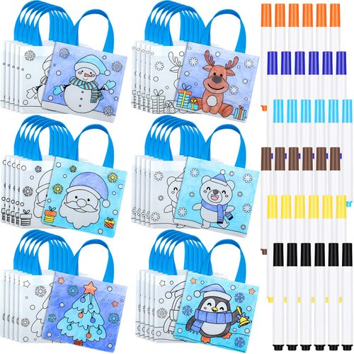 Yoojahow 36 Set Christmas Coloring Goodies Bags with Handles Color Your Own Bags Kit Craft Coloring Winter Gift Bags with 36 Pens for Kids DIY Candy Treat Bags for Xmas Holiday Party Favor Supplies