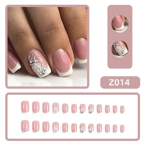 RTKHFZE Square Press on Nails Medium French Tip Fake Nails with Rhinestones & Flowers Designs Full Cover False Acrylic Nails for Women & Girls 24Pcs Artificial Nails