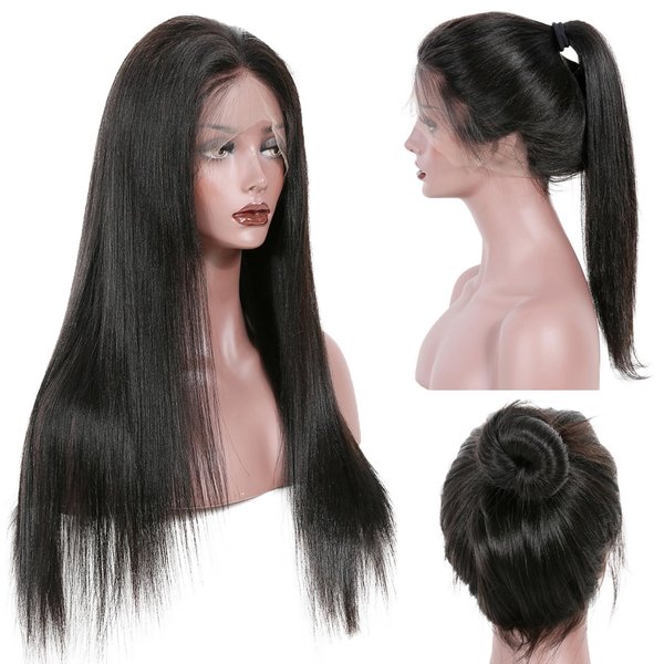 KUN 360 Glueless Lace Front Wigs Human Hair Pre Plucked Light Yaki Straight Human Hair Wig for Black Women Straight Hair Wigs Human Hair 360 Lace Wigs 150% Density 16 Inches Natural Color