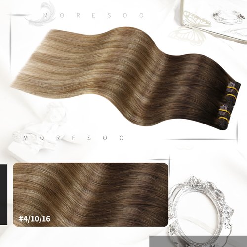 Moresoo Human Hair Clip in Extensions Balayage Clip in Hair Extensions Human Hair Dark Brown to Golden Brown with Dark Ash Blonde Real Hair Extensions Clip in Human Hair Double Weft 16inch 7Pcs 120G