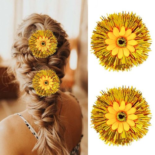 Fdesigner Boho Sunflower Hair Clips Glitter Dahlia Hairpins Tinsel Summer Hair Barrettes Hawaiian Daisy Headpiece Women Artificial Hair Accessories for Holiday Party 2PCS (Gold-Daisy)