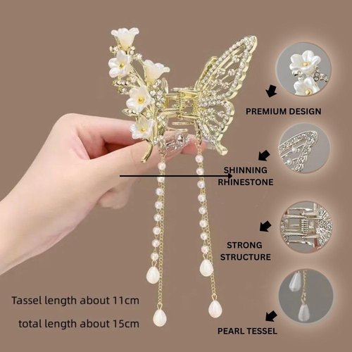 FIABLE COLLECTION Lily Flower Butterfly Pearl Tassels Hair Claw Clips Styling Accessories For Women & Girls