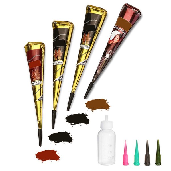 Temporary Tattoos Kit, 4Pcs Semi Permanent Tattoo Paste Cones, India Body DIY Art Painting for Women Men Kids, Summer Trend Freehand Plaste with 3 Colors,20Pcs Adhesive Stencil,1Pc Bottle,4Pcs Nozzles