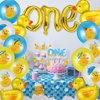 Glimin 44 Pcs Duck 1st Birthday Decorations Yellow Duck Balloon Rubber Duck Latex Balloon Animal Foil Balloon One Birthday Cake Topper Duck Party Tablecloths Duck Party Decor for Boys Girls(Fresh)