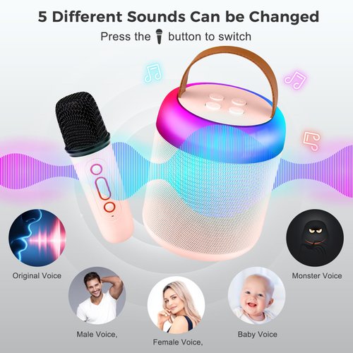 Kids Karaoke Machine, Portable Bluetooth Speaker with 2 Wireless Microphones, Dynamic Lights Karaoke Machine for Kids, Birthday Party Home, Outdoor(White) (Pink)