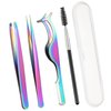 Baderke 5 Pcs Lash Applicator Tool Set Lash Tweezers for DIY Individual Lash Clusters Application and Removal Straight and Curved Eyelash Extension Tweezers with Storage Box and Eyebrush (Colorful)