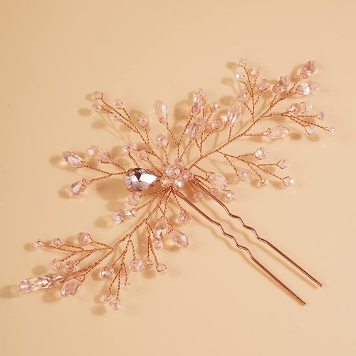Teyglen Bridal Rhinestones Hair Pins Flower Crystals Wedding Hair Pins Set for Bride Hair Accessories Pink Black Purple Blue Rhinestones Hair Pieces for Women Girls(Rose gold)