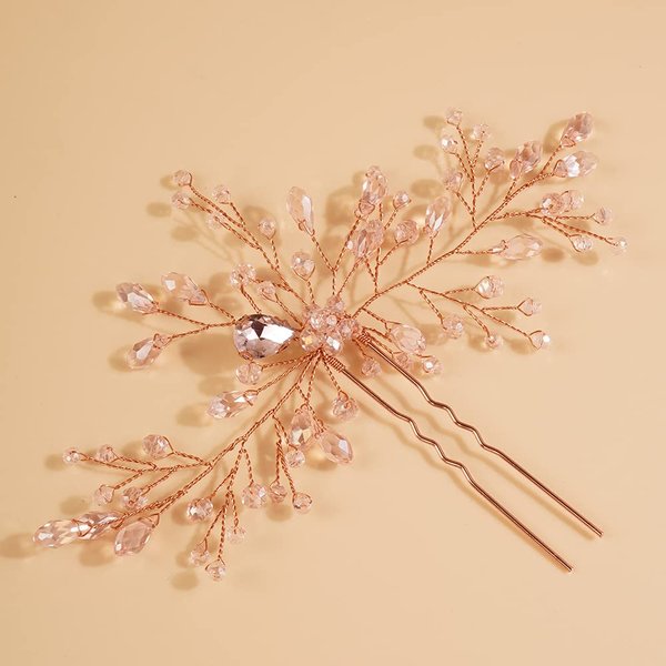 Teyglen Bridal Rhinestones Hair Pins Flower Crystals Wedding Hair Pins Set for Bride Hair Accessories Pink Black Purple Blue Rhinestones Hair Pieces for Women Girls(Rose gold)