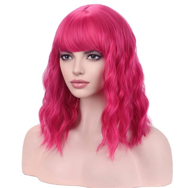 BERON 14 Inches Hot Pink Wig Short Curly Wig Women Girl's Synthetic Wig Rose Red Wig with Bangs Wig Cap Included